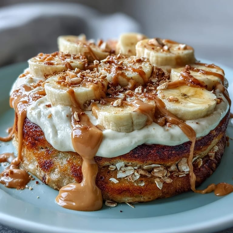 Drizzled peanut butter and fresh banana slices adorn this warm High-Protein Breakfast Pizza Bowl