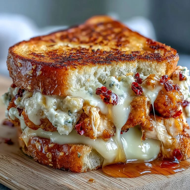 Two halves of a Goat Cheese & Hot Honey Chicken Grilled Cheese beside a bowl of tomato soup, perfect for a cozy American lunch.