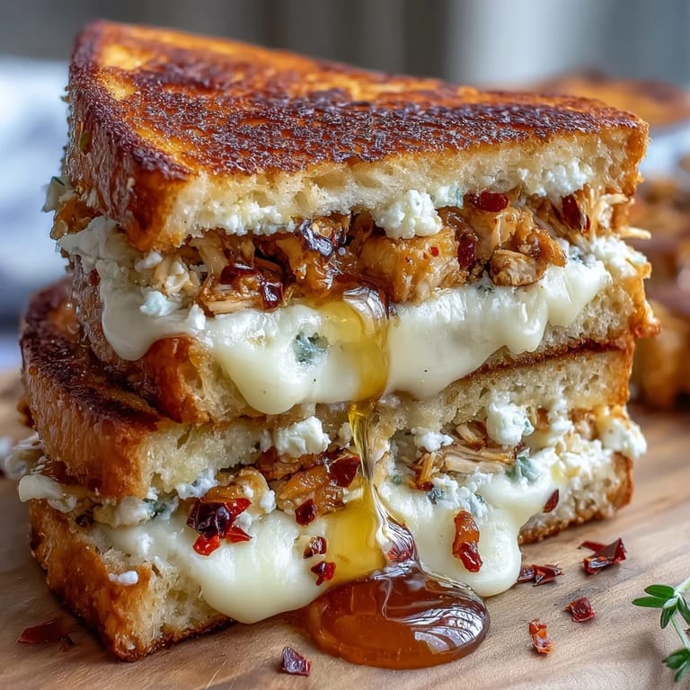 A close-up of the Goat Cheese & Hot Honey Chicken Grilled Cheese with visible chili flakes and melty goat cheese on a wooden board.