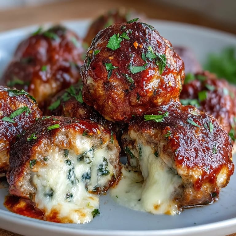 Ein Teller Baked Spicy Chicken Parm Meatballs mit Nudeln und Petersilie.