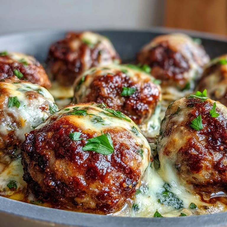 Saftige Baked Spicy Chicken Parm Meatballs aus dem Ofen mit blubberndem Käse.