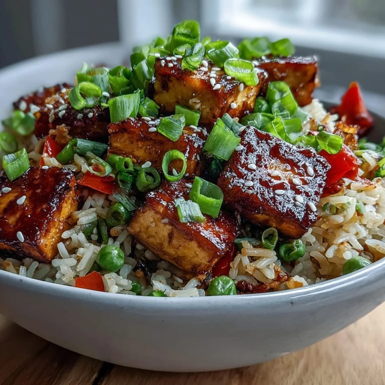 Close-up of Crispy Sesame Tofu Fried Rice showing crispy tofu pieces and fluffy rice tossed with green onions and bell peppers.