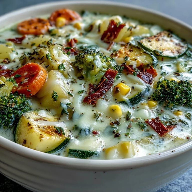 Creamy Garlic Parmesan Veggie Soup with colorful diced vegetables in a white ceramic pot.