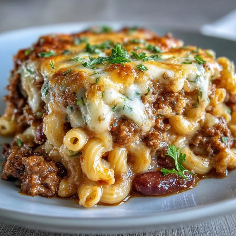 Gerade aus dem Ofen: Das Baked Ranch Turkey Chili Mac glänzt mit geschmolzenem Cheddar und frischen grünen Zwiebeln auf einer reichhaltigen, würzigen Nudel-Käse-Komposition.