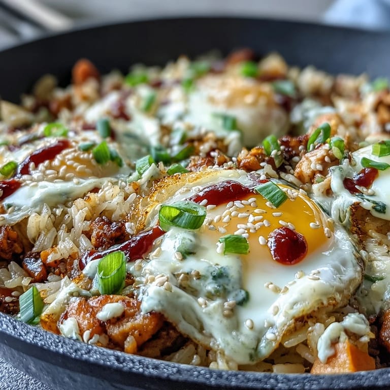 Creamy Korean Turkey Rice Skillet belegt mit aufgeschnittenen jammy eggs und würziger Gochujang-Sauce