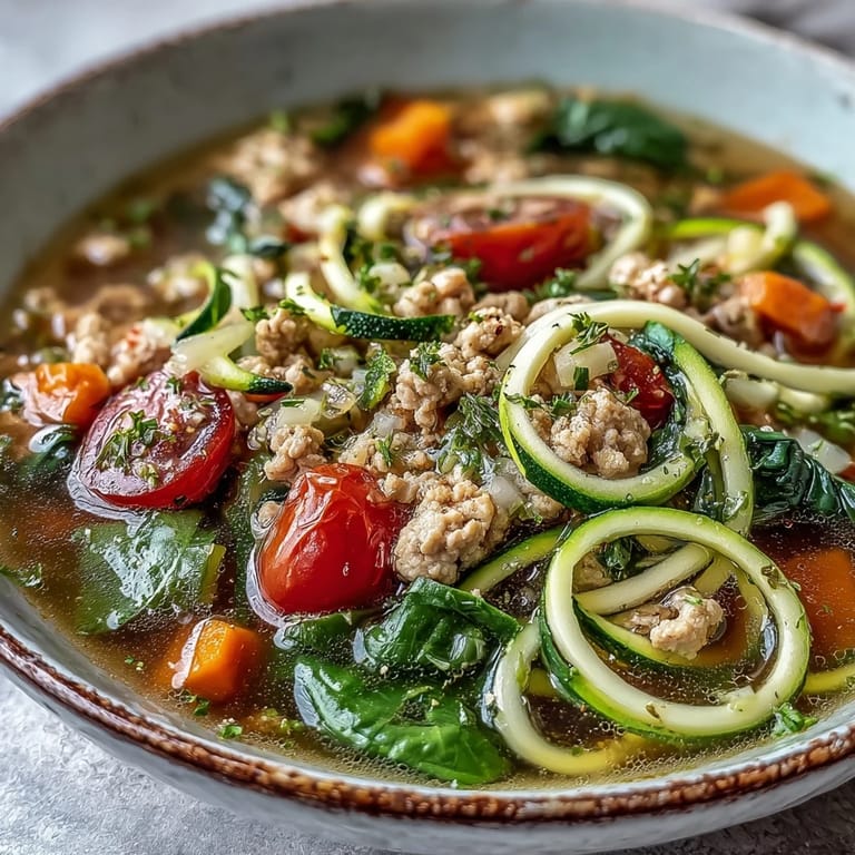 Turkey and Veggie Zucchini Noodle Soup, a nourishing meal with bright tomatoes, carrots, and fresh parsley garnish.