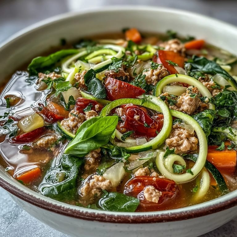 Turkey and Veggie Zucchini Noodle Soup, steaming in a rustic bowl with tender veggies, perfect for a healthy lunch.