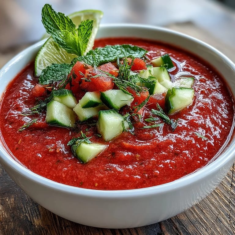 Der erfrischende Vegan Watermelon Mint Gazpacho mit Gurke und Limone, perfekt für den Sommer, angerichtet in einer Glasbowle.