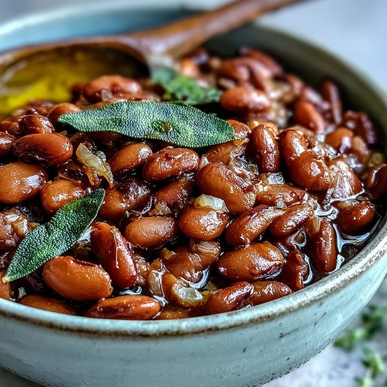 Hausgemachte Pinto Bohnen als würzige Chili-Basis, cremig angerichtet mit saftigen Tomaten und Gewürzen.