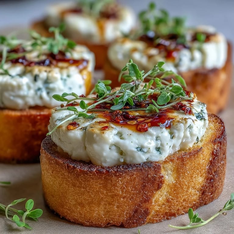Knusprige Baguette-Scheiben mit cremiger Ziegenkäse-Füllung und scharfem Honig-Topping