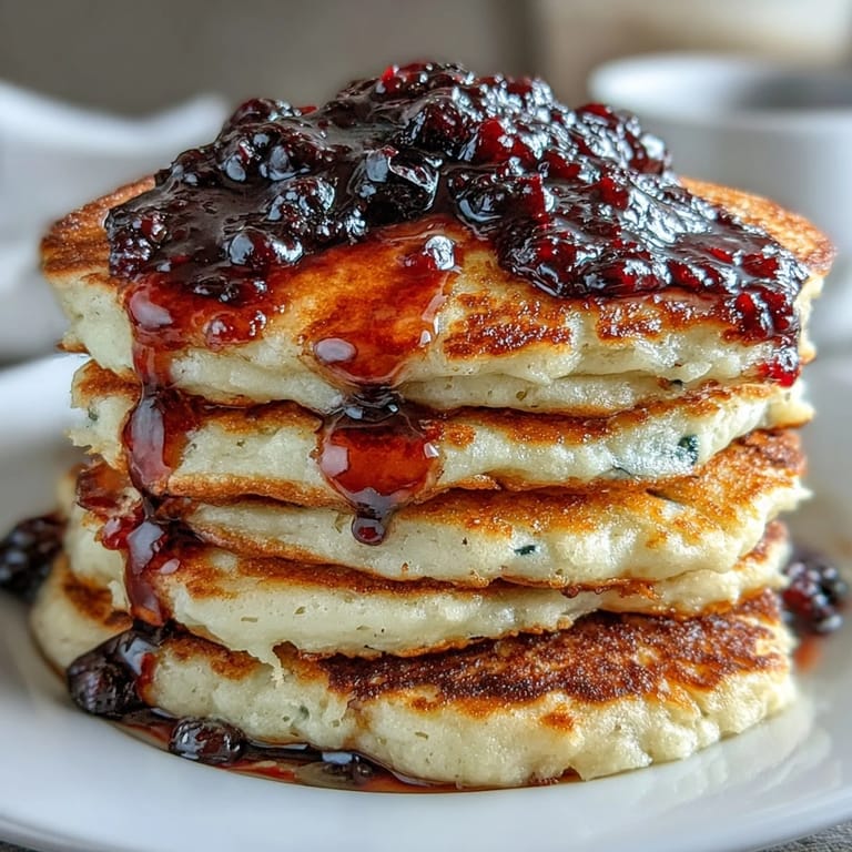 Goldbraune griechische Joghurt-Pfannkuchen mit Blaubeer-Kompott und frischen Beeren auf einem Teller angerichtet.