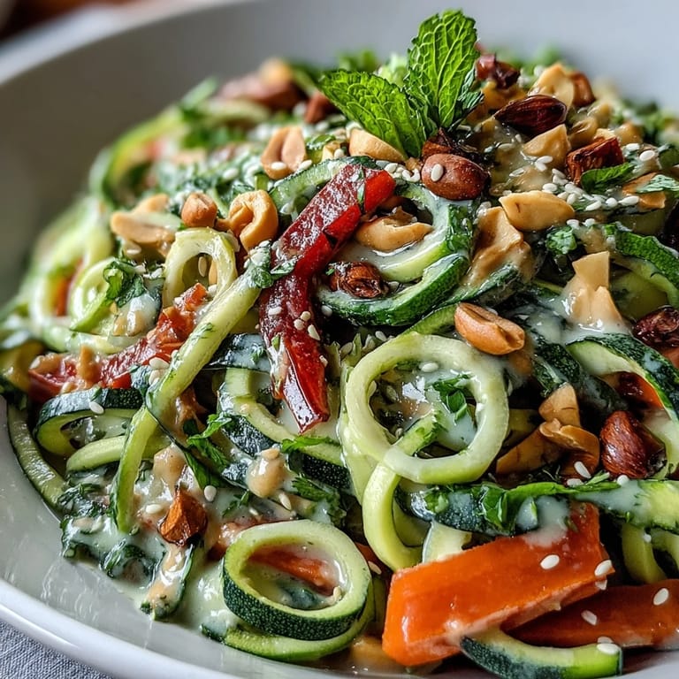 2. Bunter Zucchini-Nudelsalat mit Thai-Erdnuss-Dressing, garniert mit gerösteten Erdnüssen und Sesam für extra Crunch und Geschmack.