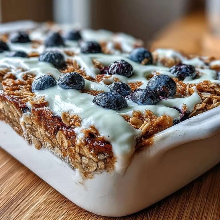 Goldbrauner Haferflockenauflauf mit saftigen Blaubeeren und cremiger Joghurt-Marmorierung, ideal für eine gesunde Mahlzeit.