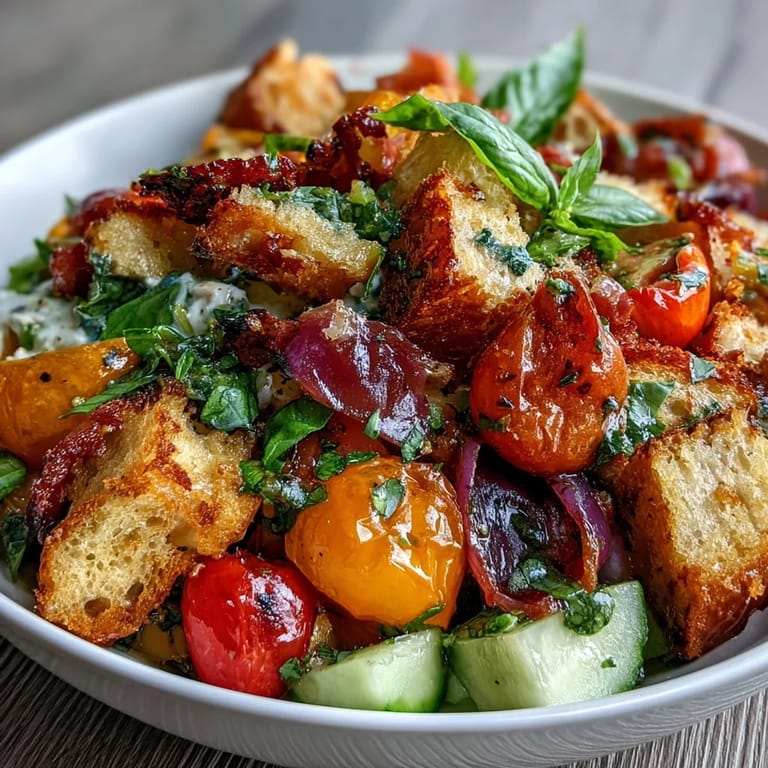 3. Rustikaler Panzanella-Salat mit gerösteten Sauerteig-Croutons, aromatischem Basilikum-Vinaigrette und frischen Kräutern.