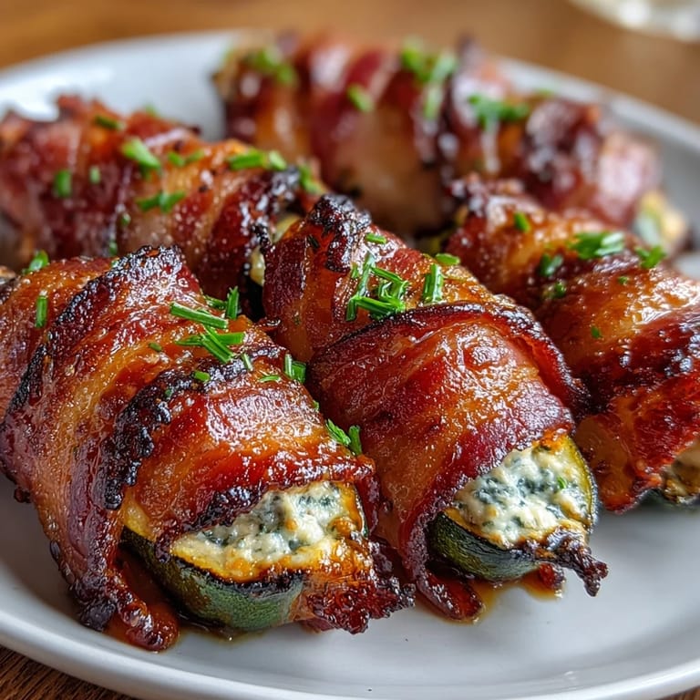 Keto-Bacon-Wrapped-Zucchini-Boote mit herzhaftem Käse-Füllung und frischen Kräutern.