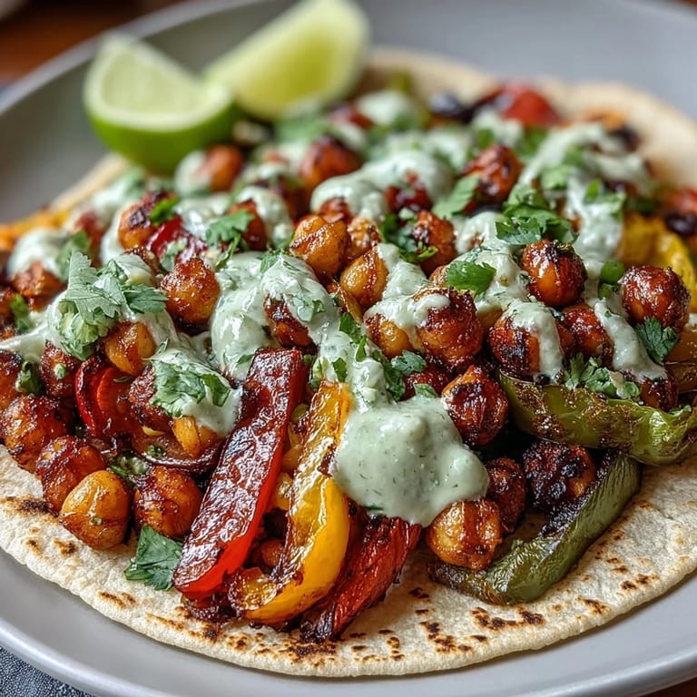 1. Bunter Gemüse-Chickpea-Blechpfannen-Fajitas mit Guacamole-Joghurt-Drizzle, geröstet und serviert mit Tortillas.