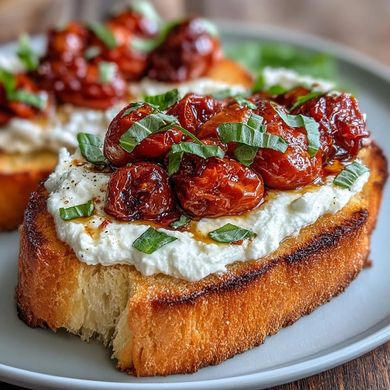 Knusprige Baguettescheiben mit geschmolzener Burrata und gerösteten Cherrytomaten, verfeinert mit Balsamico und frischen Kräutern.
