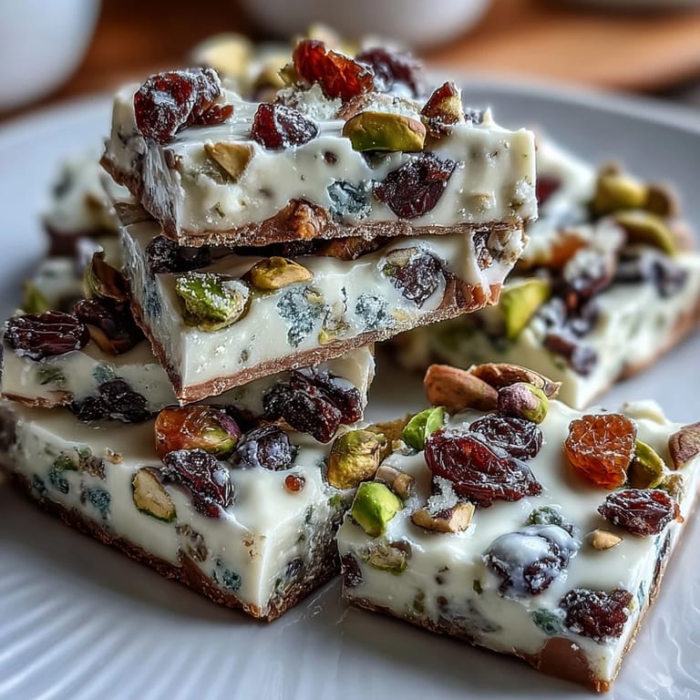 Knusprige Pistazien und getrocknete Früchte auf seidiger weißer Schokolade, ein einfacher und festlicher Leckerbissen.