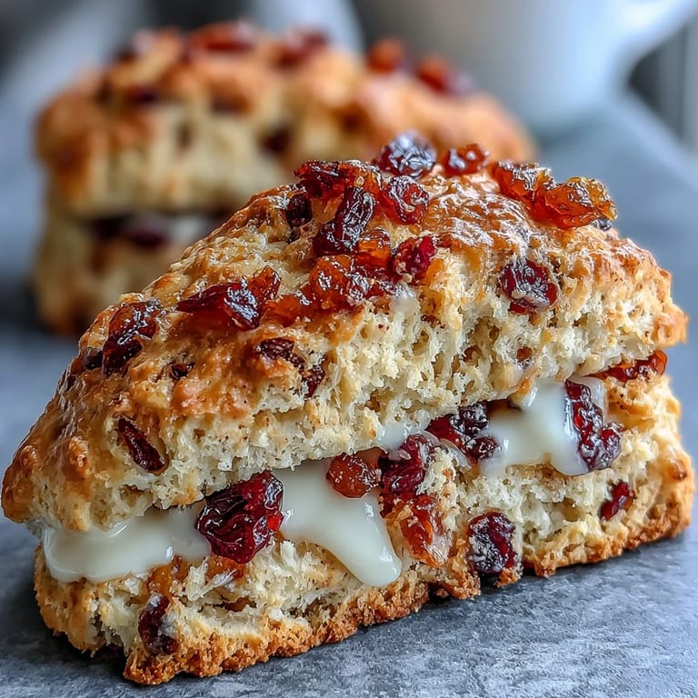 Goldbraune Scones, gefüllt mit kandierten Orangenschalen und Cranberries, mit einer optionalen Orangenglasur verfeinert.