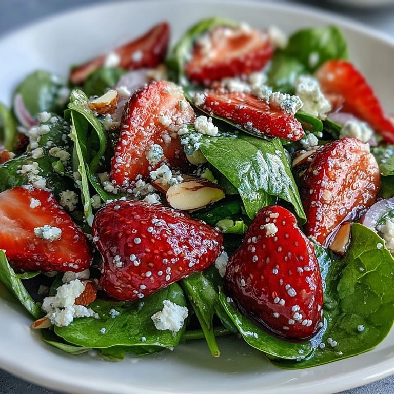 Ein lebendiger Spinat-Erdbeer-Salat mit cremigem Feta und gerösteten Mandeln, verfeinert mit einem hausgemachten Mohnsamen-Dressing. Ideal für einen frischen, vegetarischen Genuss.