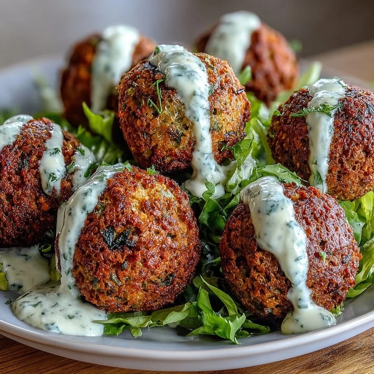 Knusprige Falafel aus dem Heißluftfritteusen mit aromatischen Kräutern, begleitet von einer leuchtend grünen, cremigen Tahin-Sauce.