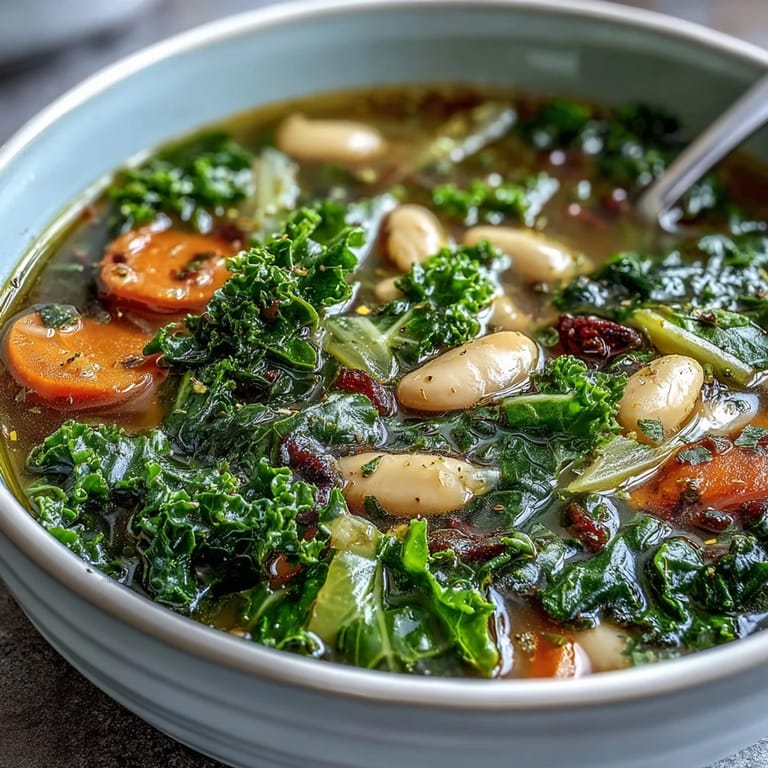 Dampfende Schüssel mit Grünkohl- und Bohnensuppe, garniert mit frischer Zitrone und Petersilie.