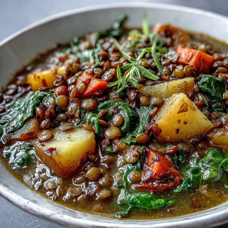 1. Herzhafter grüner Linseneintopf mit Karotten und Kartoffeln, duftend mit Kräutern und perfekt für ein wärmendes vegetarisches Abendessen.  