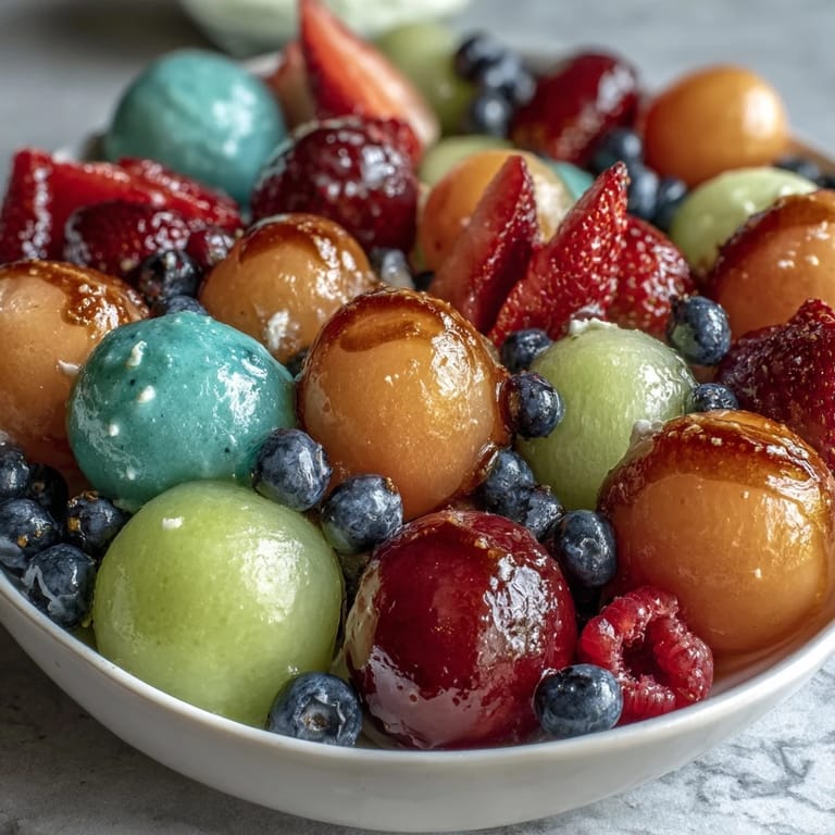 2. Erfrischender Obstteller mit Melonen, Beeren und cremigem Honig-Limetten-Joghurt-Dip.  