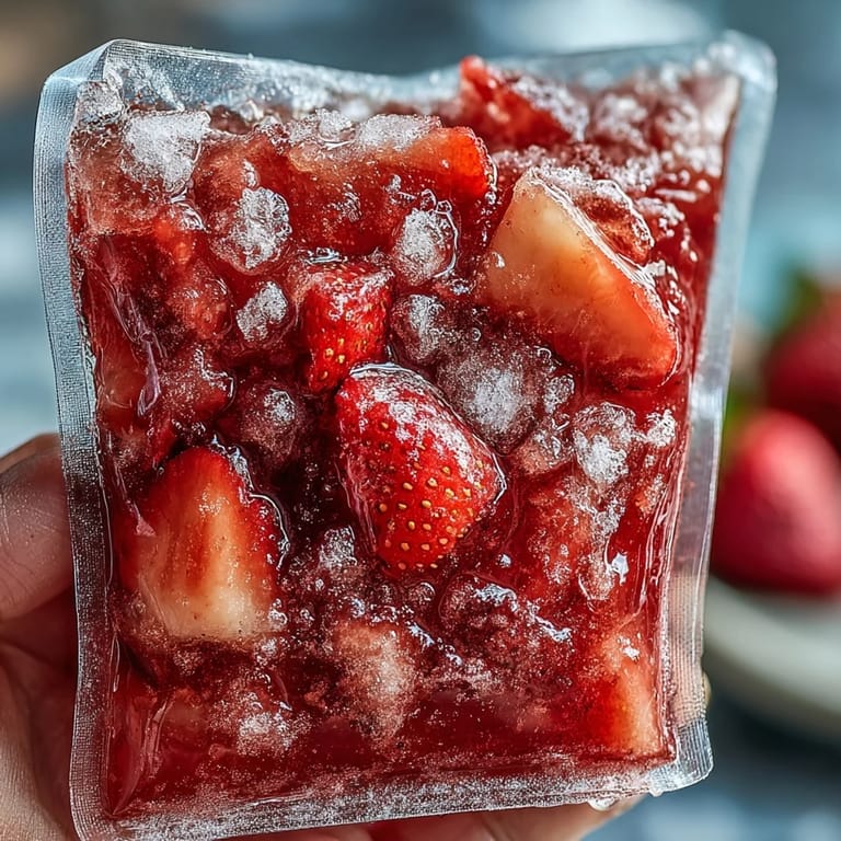 Ein gekühlter Strawberry Pineapple Daiquiri direkt aus dem Gefrierbeutel, serviert mit frischer Limette.