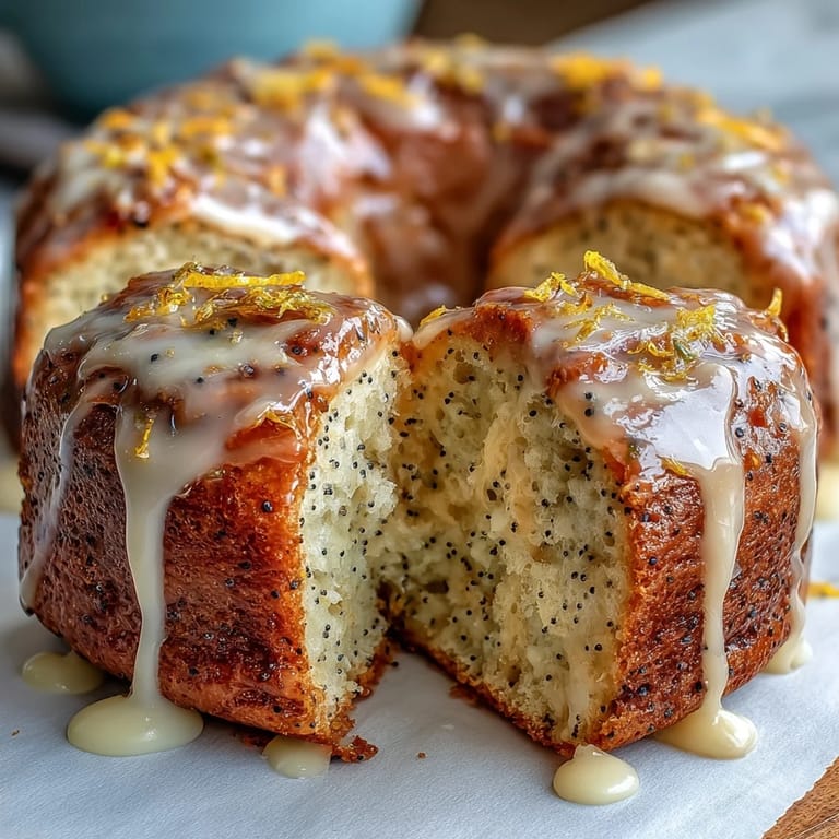 Zitronen-Mohn-Protein-Brötchen mit goldbrauner Kruste und süß-säuerlicher Glasur, ideal für einen gesunden Snack.