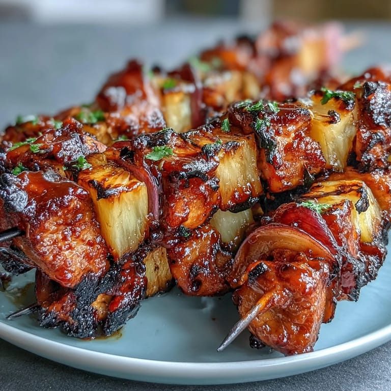 3. Farbenfrohe Hähnchen-Pineapple-Kebabs mit roter Zwiebel, perfekt gegrillt für ein saftiges Sommergericht.