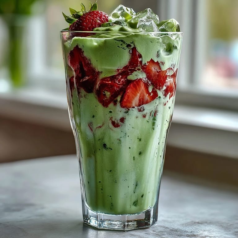 2. Dieses leuchtende Iced Strawberry Matcha Latte präsentiert sich mit frischem Erdbeerpüree, kalter Milch und einem Hauch von Matcha – ein Genuss für Augen und Gaumen.