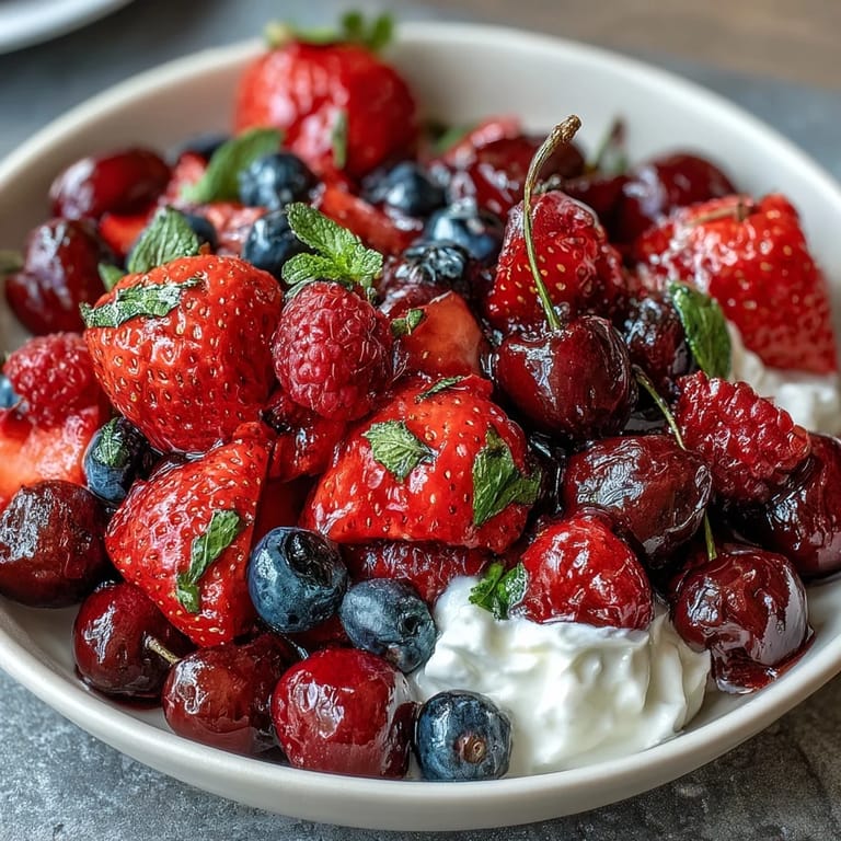 3. Frühlingsfruchtplatte mit Joghurt-Dip: Saftige Beeren, tropische Früchte und knackige Äpfel, serviert mit cremiger Honig-Joghurt-Sauce.