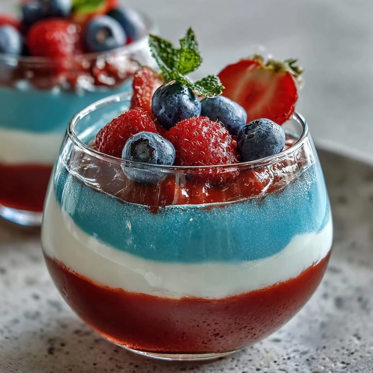 Bunte, geschichtete Jello-Tassen mit Erdbeer-, Vanille- und Blaubeergeschmack für Sommerpartys.