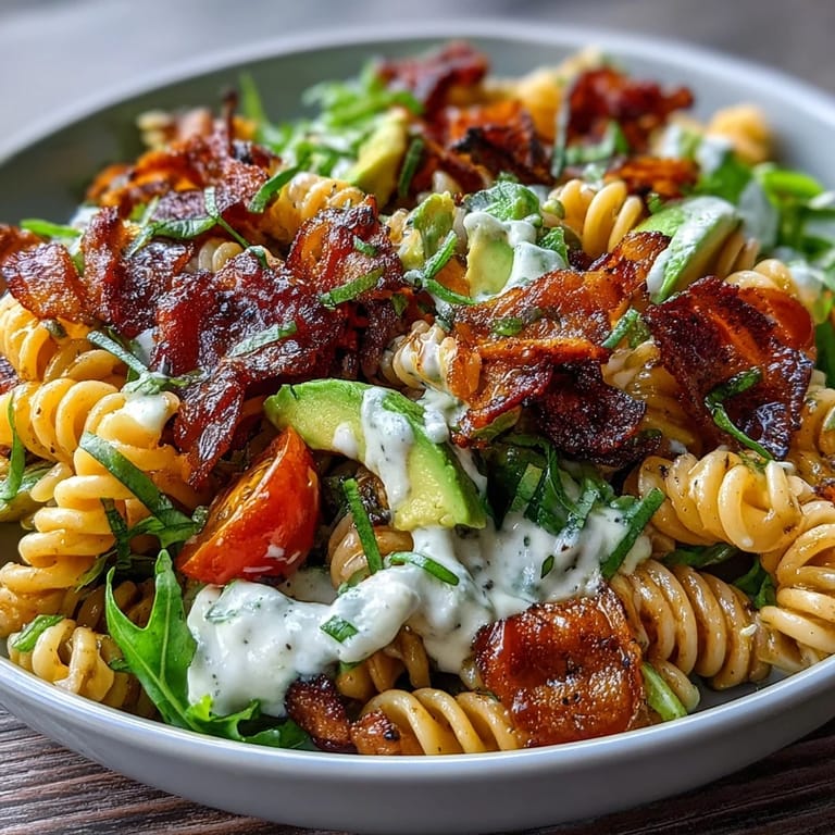 2. BLT Pasta Salad mit Speck und Avocado: Herzhafter Salat mit frischem Salat, cremiger Avocado und knusprigem Speck.  
