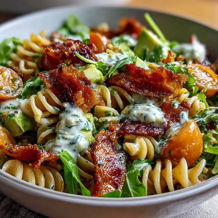 3. BLT Pasta Salad mit Speck und Avocado: Buntes Gericht mit al dente Pasta, saftigen Tomaten und frischem Salat.
