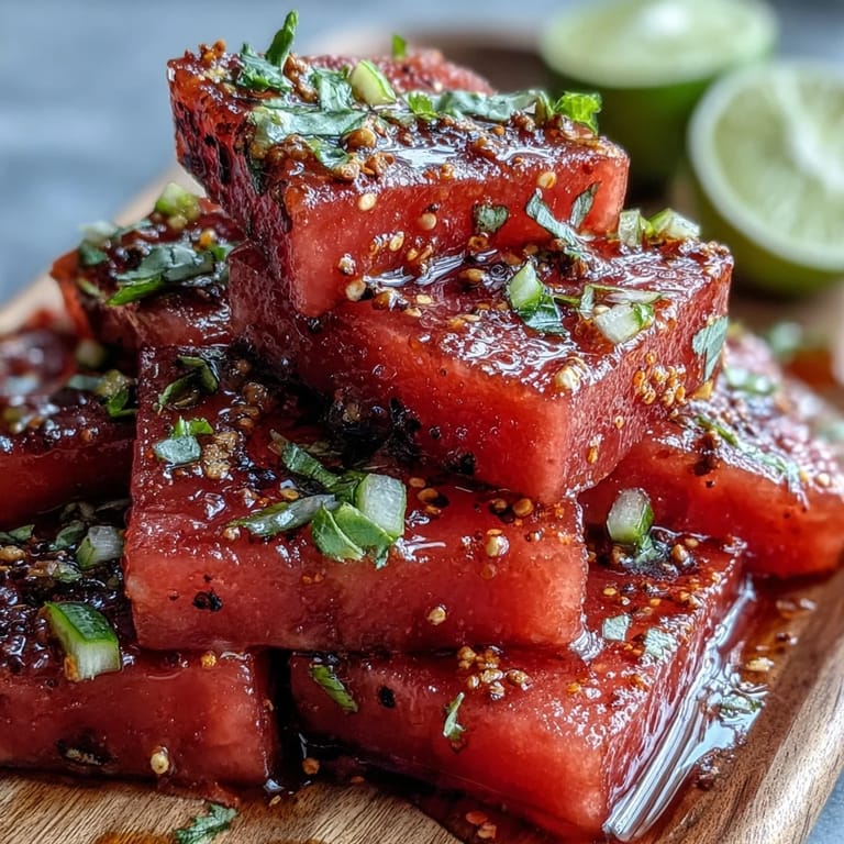 Kühle Wassermelonen-Scheiben mit frischer Limette und Tajin – ein leuchtender, farbenfroher Snack.