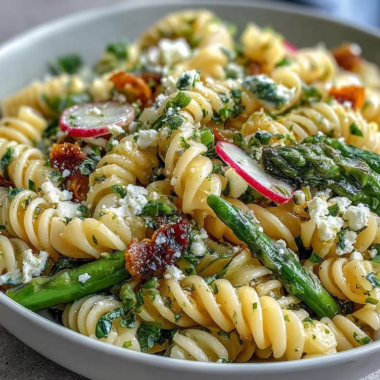 Bunter Nudelsalat mit Frühlingsgemüse, Radieschen und Zitronenvinaigrette auf weißem Teller.