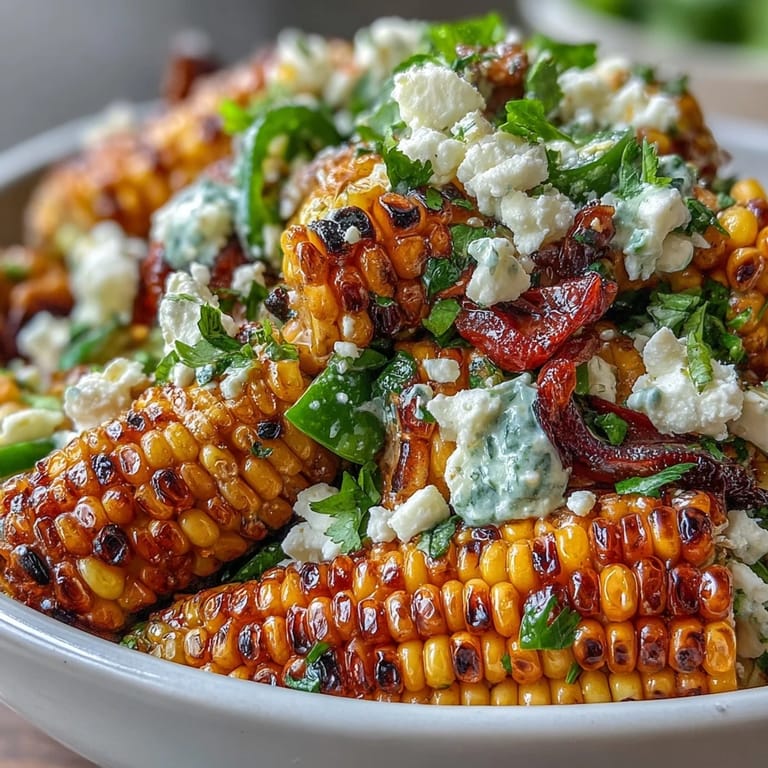 1. Farbenfroher mexikanischer Street Corn Salad mit cremiger Sauce, Cotija-Käse und frischem Koriander – perfekt für Sommergrillpartys.