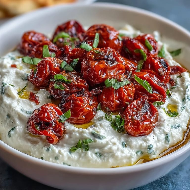 1. Cremiger Feta-Dip mit gerösteten Kirschtomaten – perfekt als mediterraner Vorspeise.