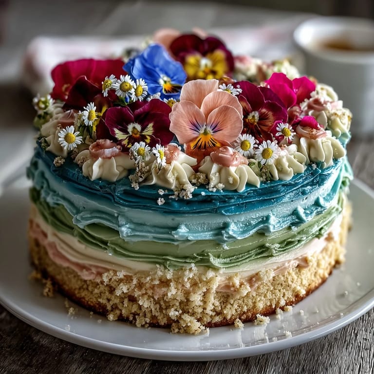 Zarter Pastell-Ombre-Frühlingskuchen mit floralem Topping: Feine Farbverläufe und zarte essbare Blüten als Blickfang.