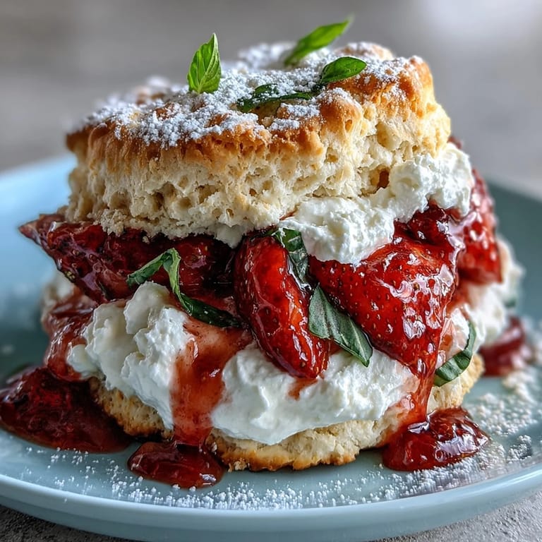 Genießen Sie diese butterweichen Erdbeer-Basilikum-Shortcake-Biskuits, belegt mit frischen Früchten.