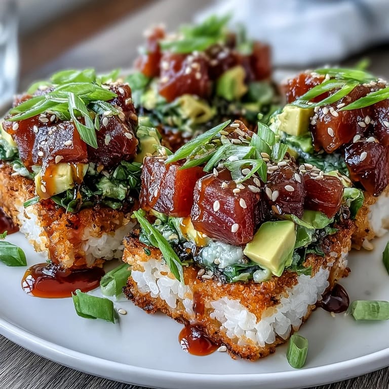Ein erfrischender Crispy Rice Salad mit cremigem Avocado, pikantem Thunfisch und Dressing.