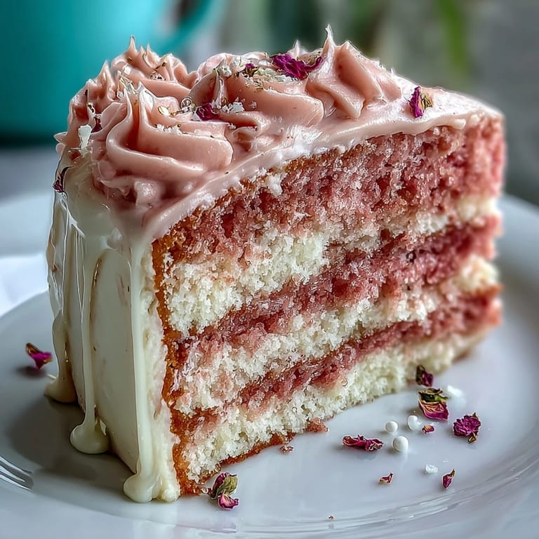 Zarter rosafarbener Samttorten-Genuss mit Roséwein und schimmerndem Goldrand.