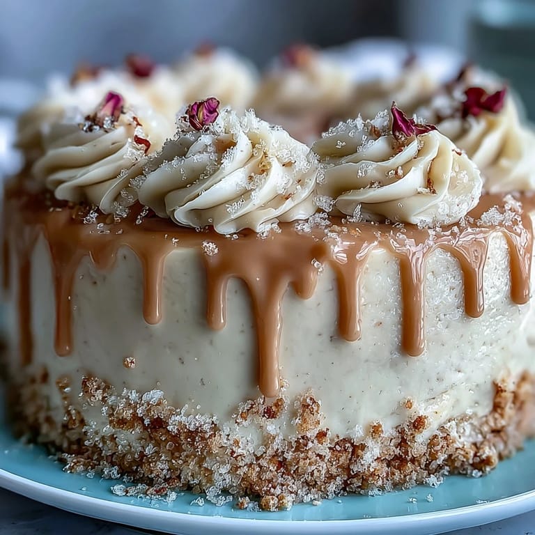 Ein zartrosa Rosé Velvet Kuchen, überzogen mit cremiger Glasur und goldenem Schimmer.