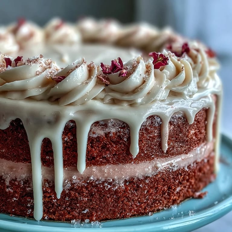 Ein dekadenter Rosé Velvet-Kuchen, geschmückt mit glänzenden Goldtropfen für einen besonderen Anlass.