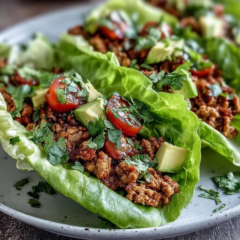 Würzige Truthahn-Taco-Salatblätter, serviert in knackigen Blättern mit Avocado und Tomaten.