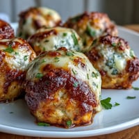 Käsekruste auf gebackenen Baked Spicy Chicken Parm Meatballs in Tomatensauce.