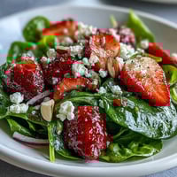 Ein farbenfroher, erfrischender Salat mit zartem Babyspinat, süßen Erdbeeren, cremigem Feta und knusprigen Mandeln, alles mit einem säuerlichen hausgemachten Mohnsamen-Dressing vermengt. Perfekt für Frühlingsfeiern oder ein leichtes Mittagessen.