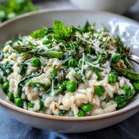 Ein leuchtend grünes, cremiges Risotto mit frischen Frühlingserbsen, Minze und Parmesan – ein leichtes, aber sättigendes Gericht.